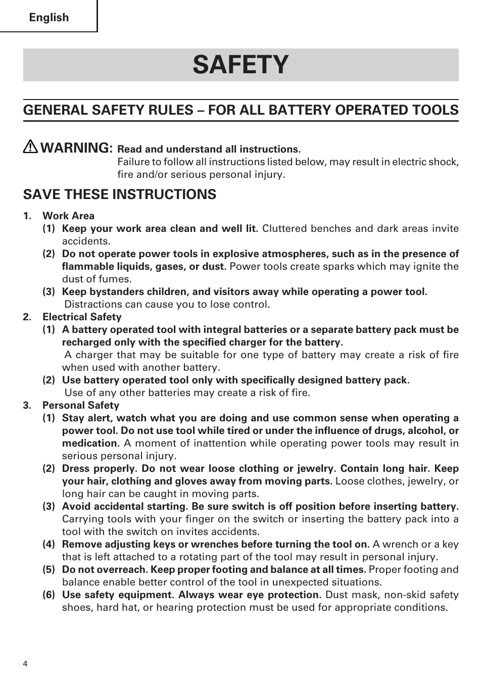 Safety, Save these instructions | Hitachi WH14DM OM User Manual | Page 4 / 76