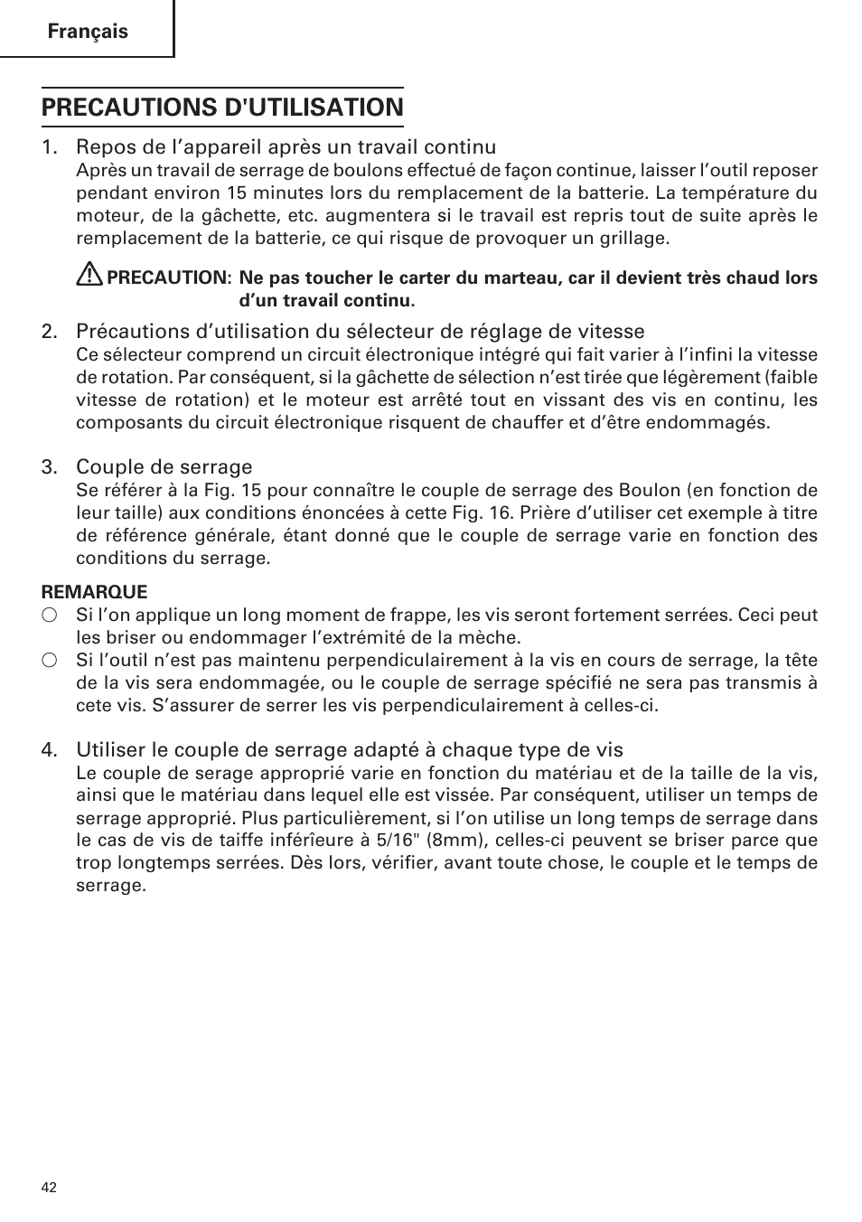 Precautions d'utilisation | Hitachi WH14DM OM User Manual | Page 42 / 76