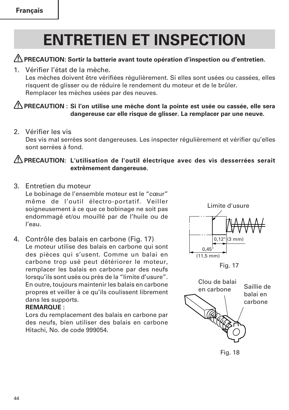 Entretien et inspection | Hitachi WH14DM OM User Manual | Page 44 / 76