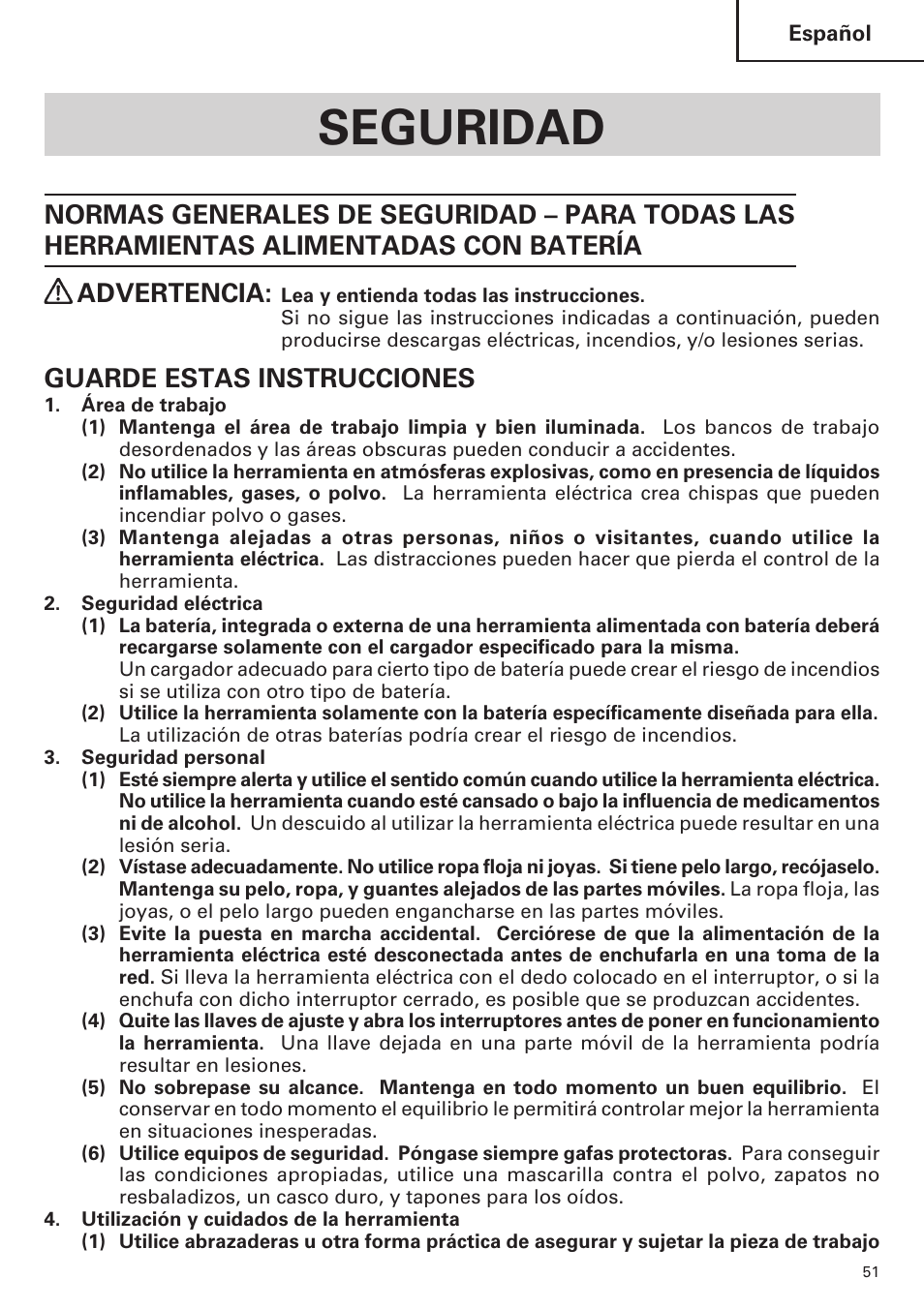 Seguridad, Guarde estas instrucciones | Hitachi WH14DM OM User Manual | Page 51 / 76