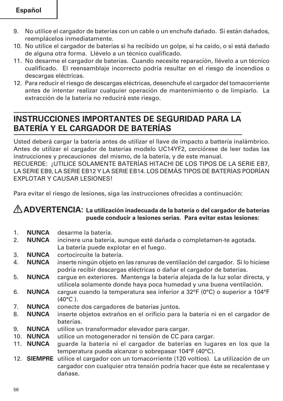 Advertencia | Hitachi WH14DM OM User Manual | Page 56 / 76