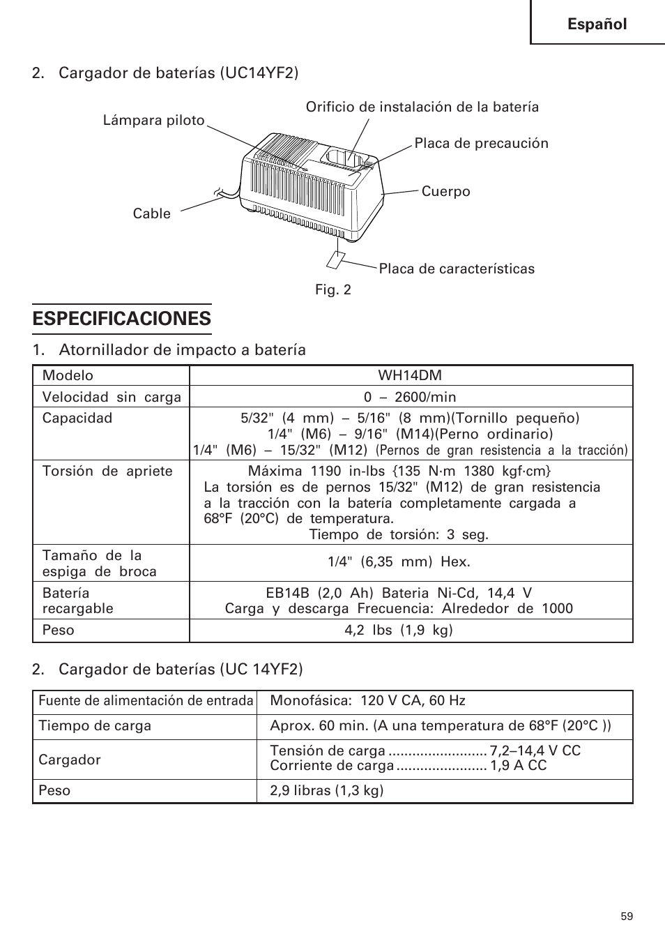 Especificaciones | Hitachi WH14DM OM User Manual | Page 59 / 76