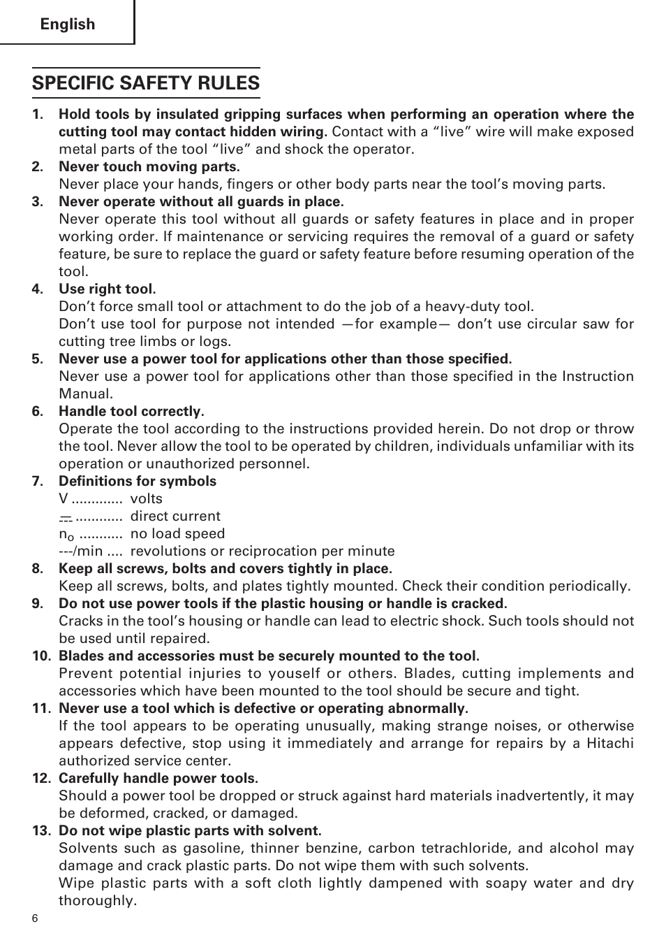 Specific safety rules | Hitachi WH14DM OM User Manual | Page 6 / 76