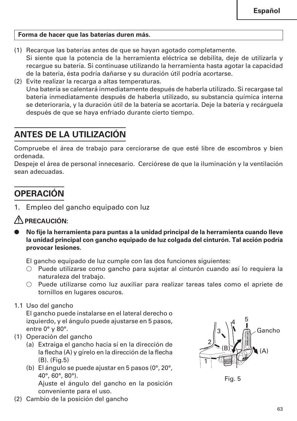 Antes de la utilización, Operación | Hitachi WH14DM OM User Manual | Page 63 / 76