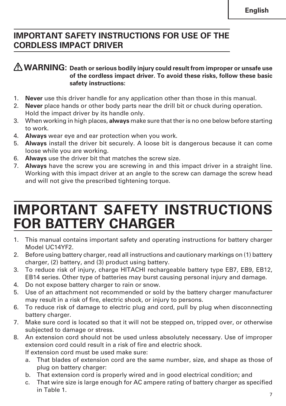 Important safety instructions for battery charger | Hitachi WH14DM OM User Manual | Page 7 / 76