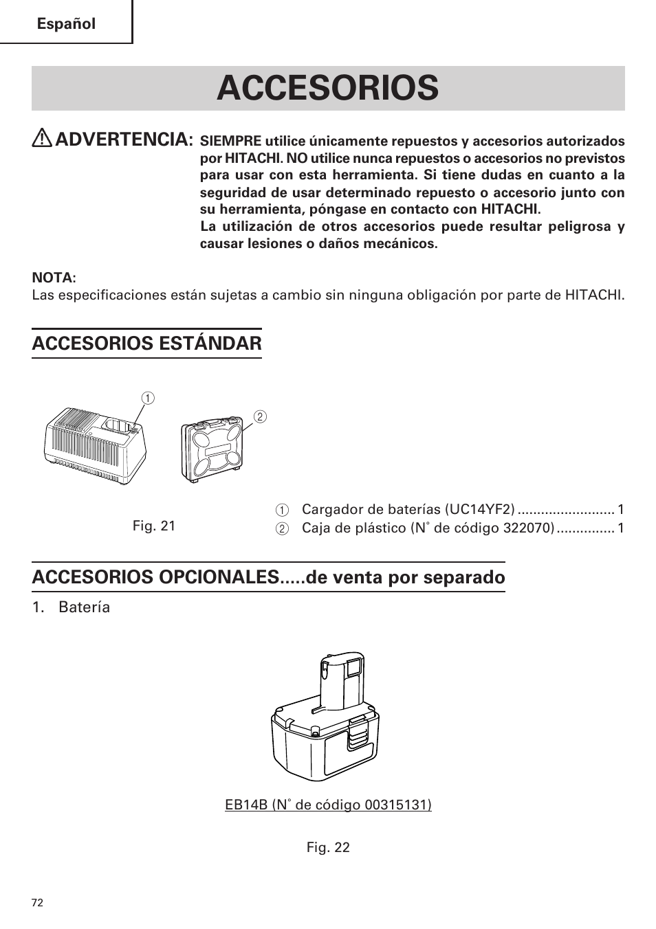 Accesorios, Advertencia | Hitachi WH14DM OM User Manual | Page 72 / 76