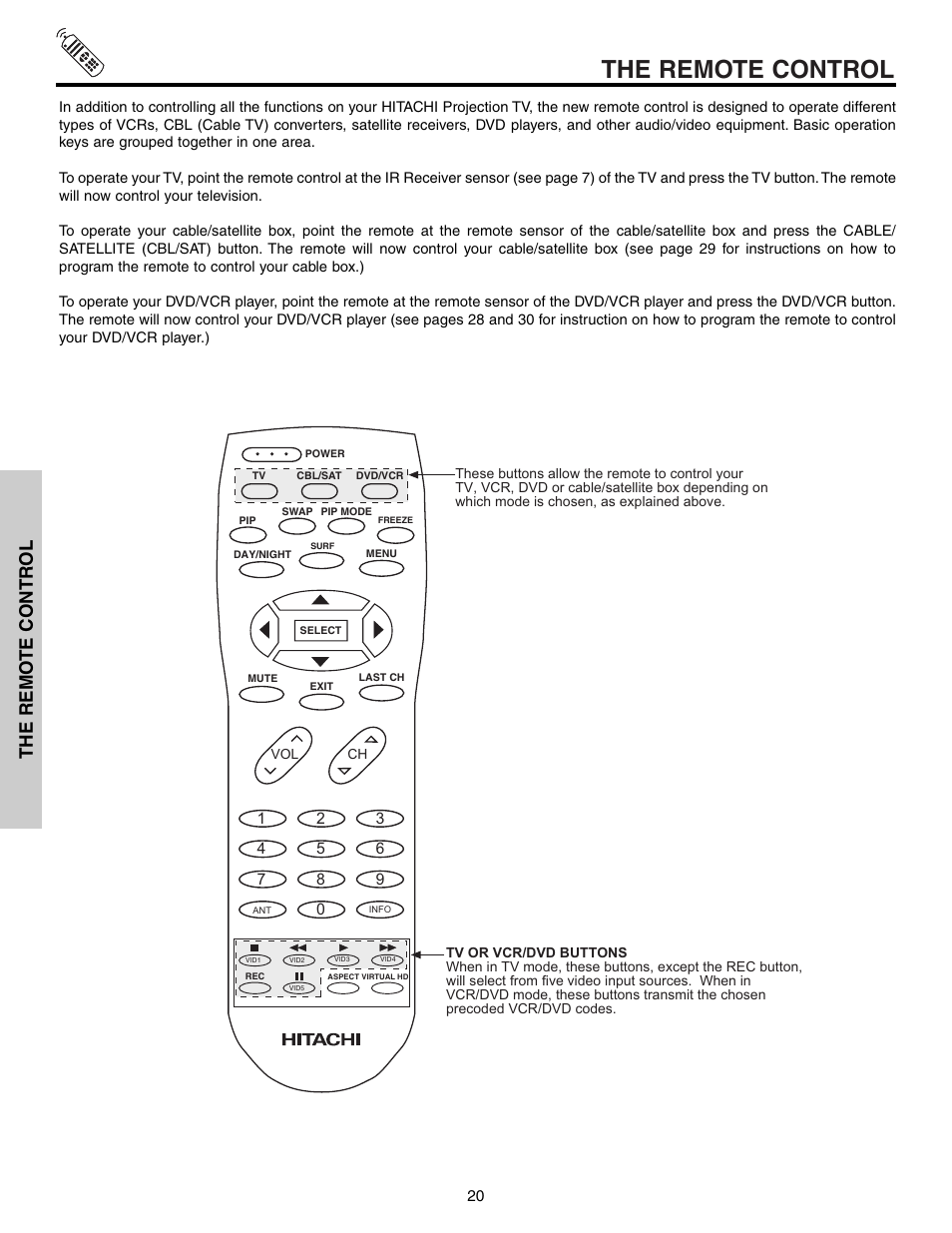 The remote control, The remo te contr ol | Hitachi 51G500S User Manual | Page 20 / 72