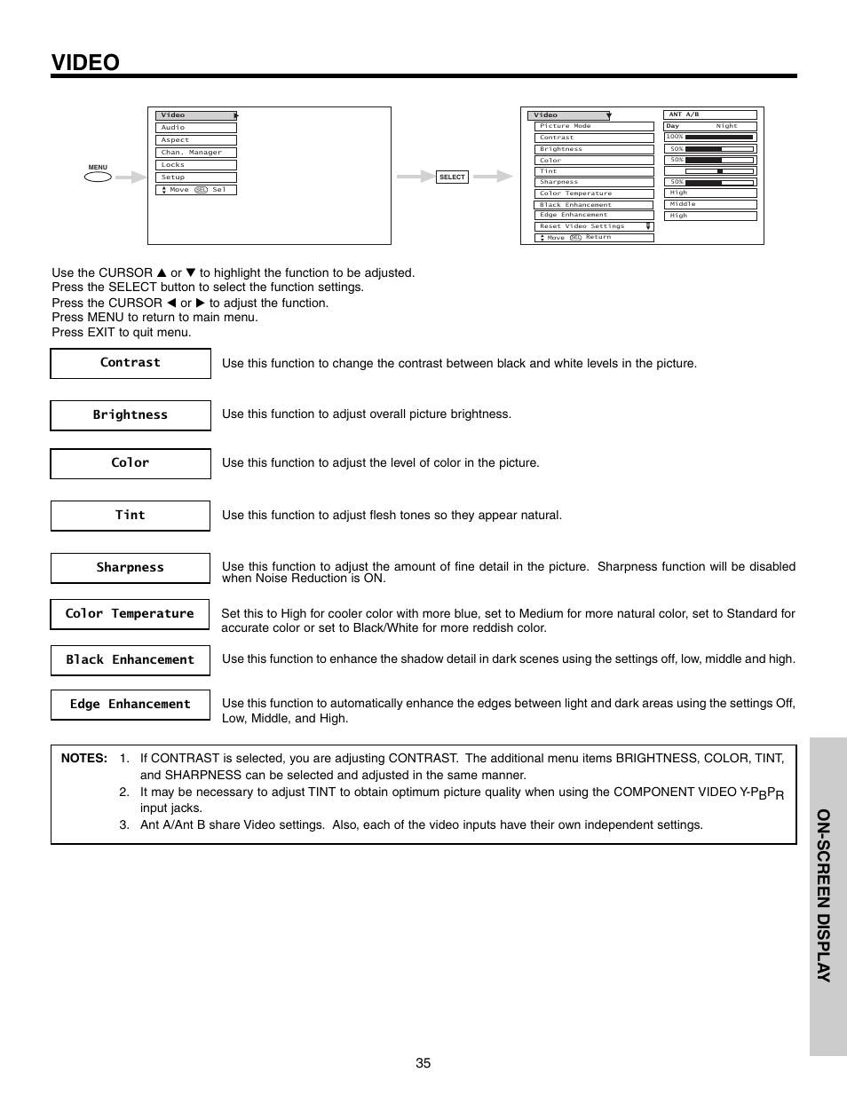Video, On-screen displa y | Hitachi 51G500S User Manual | Page 35 / 72