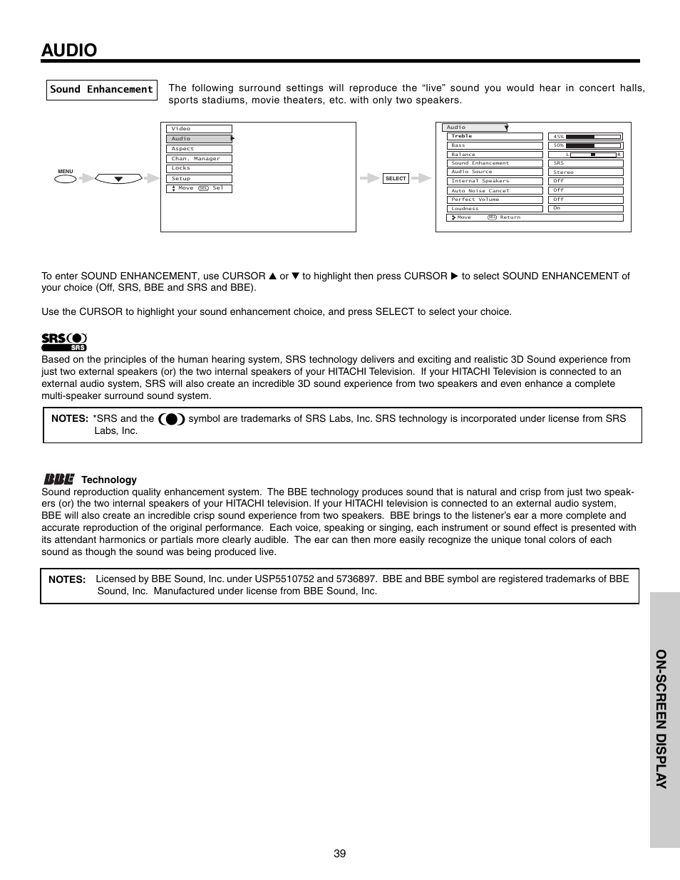 Audio, On-screen displa y | Hitachi 51G500S User Manual | Page 39 / 72