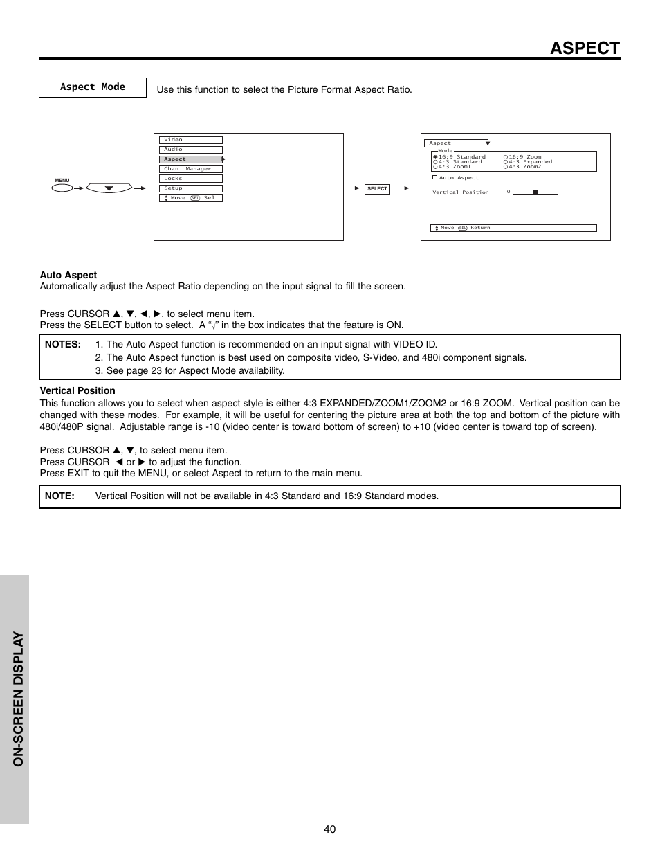 Aspect, On-screen displa y | Hitachi 51G500S User Manual | Page 40 / 72