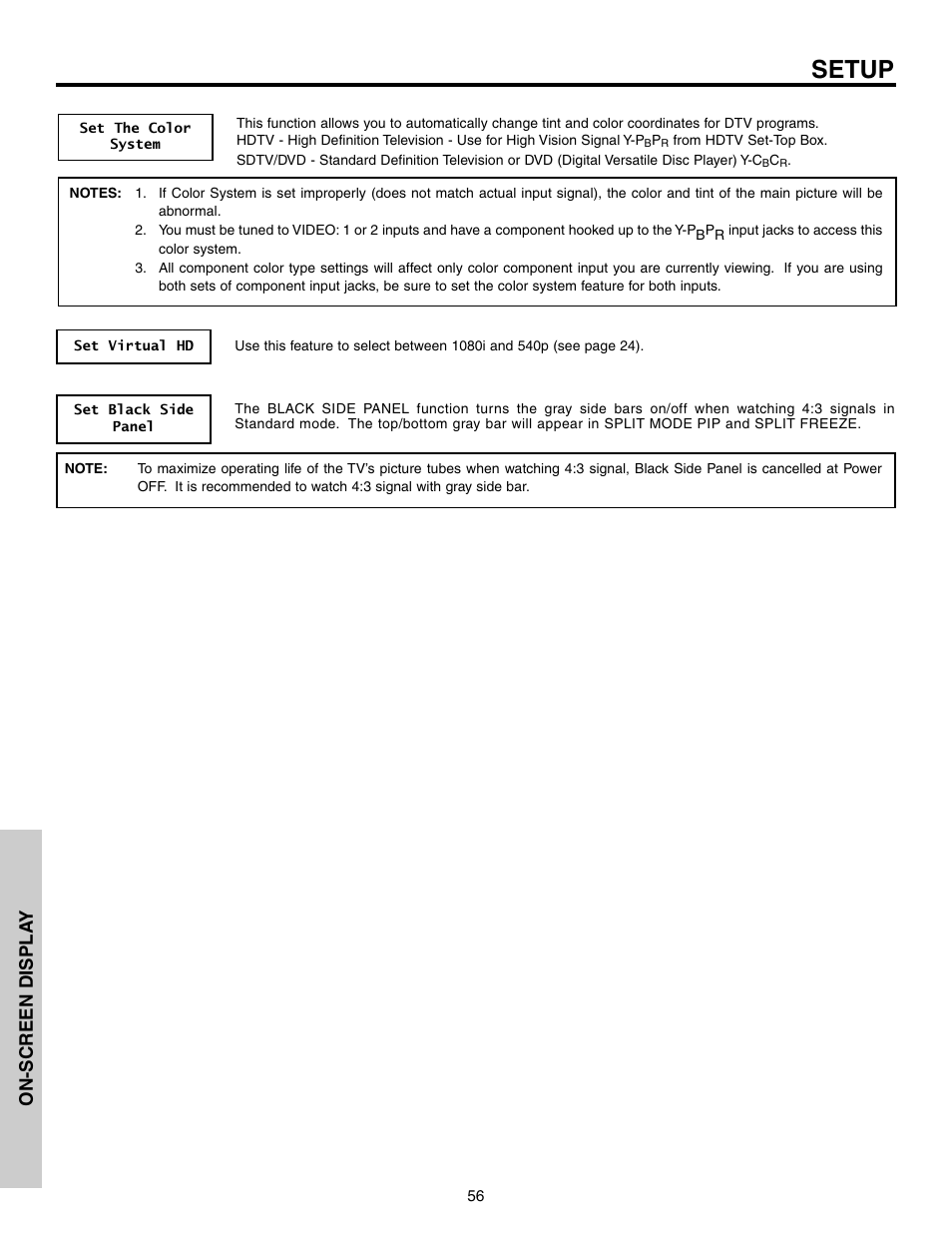 Setup, On-screen displa y | Hitachi 51G500S User Manual | Page 56 / 72