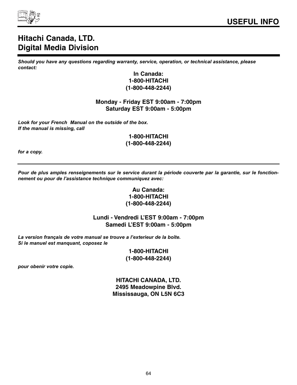 Useful info, Hitachi canada, ltd. digital media division | Hitachi 51G500S User Manual | Page 64 / 72