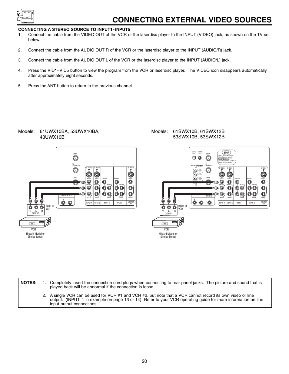 Connecting external video sources | Hitachi 61SWX12B User Manual | Page 20 / 76