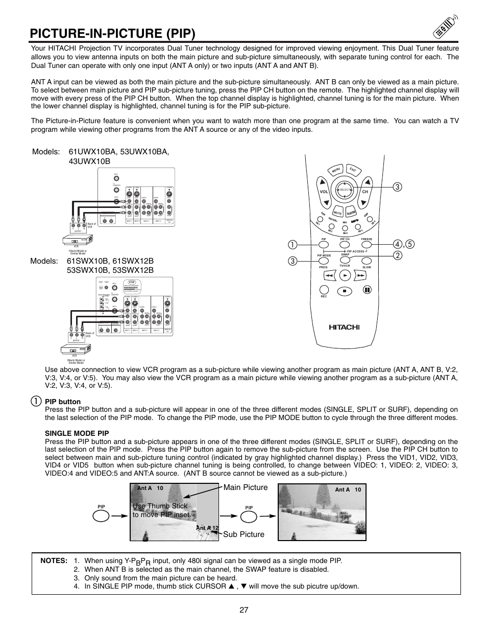 Picture-in-picture (pip), Main picture sub picture, Use thumb stick to move pip inset | Ant a 10, Ant a 12 | Hitachi 61SWX12B User Manual | Page 27 / 76