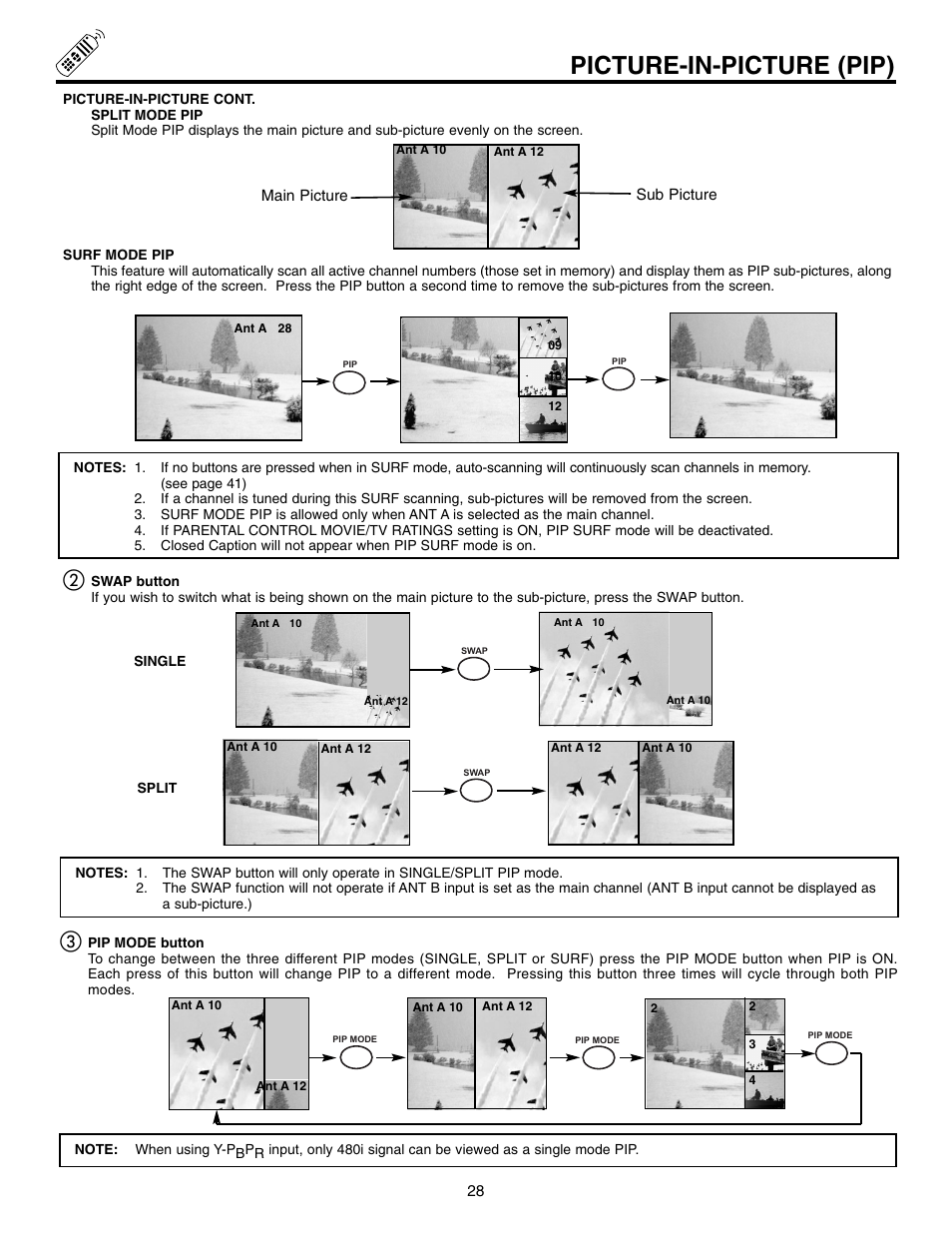 Picture-in-picture (pip) | Hitachi 61SWX12B User Manual | Page 28 / 76