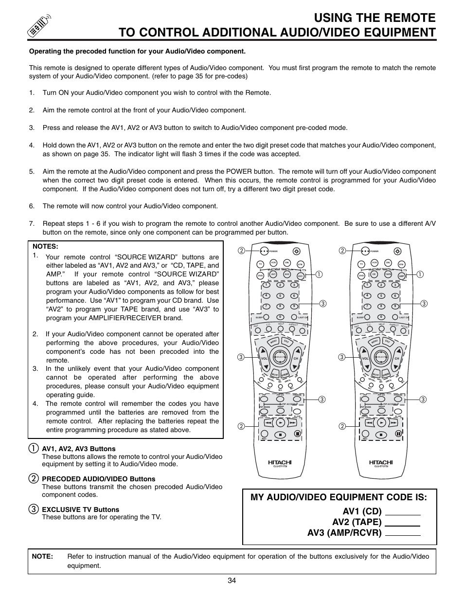 My audio/video equipment code is, Av1 (cd) av2 (tape) av3 (amp/rcvr) | Hitachi 61SWX12B User Manual | Page 34 / 76