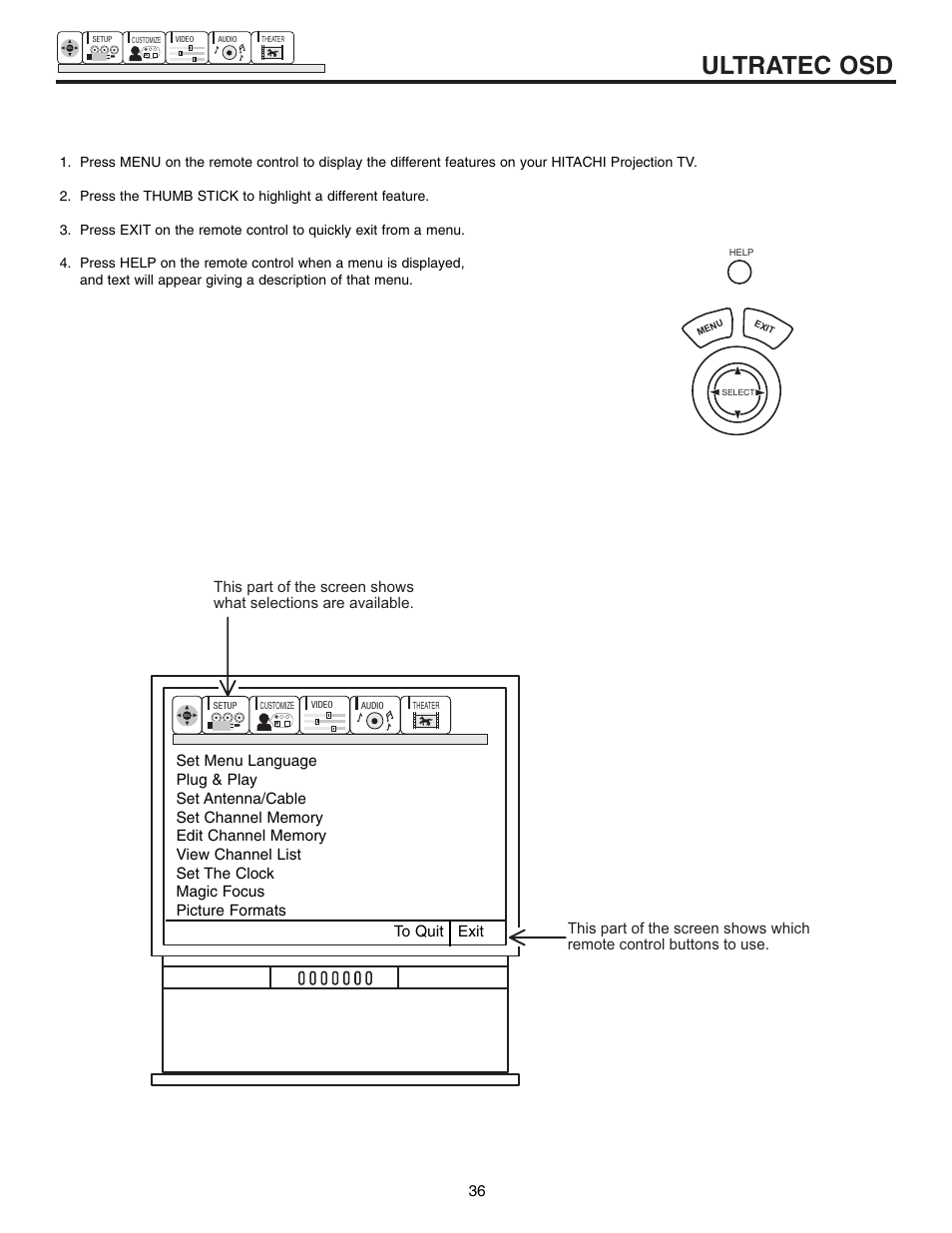 Ultratec osd | Hitachi 61SWX12B User Manual | Page 36 / 76