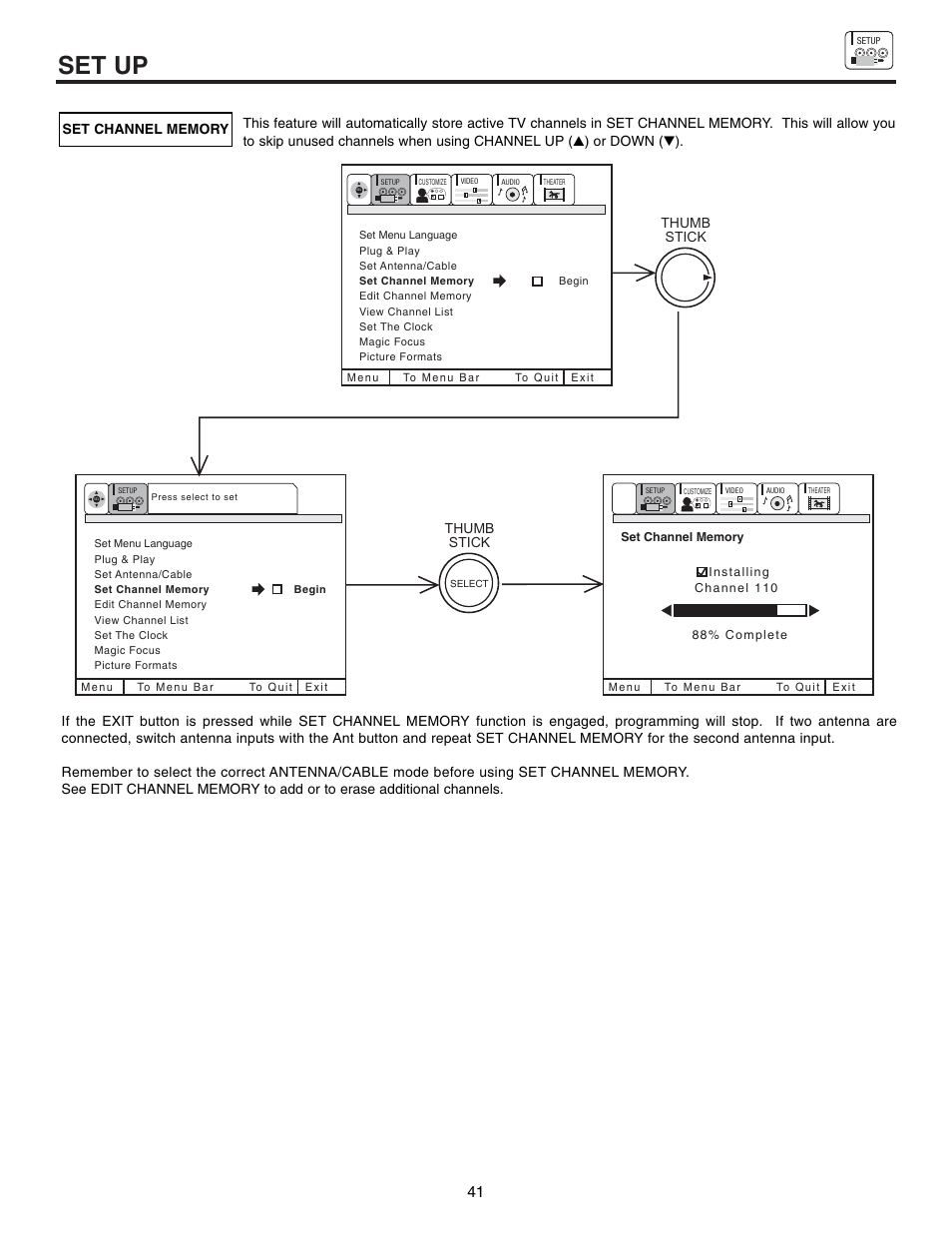 Set up, Thumb stick thumb stick | Hitachi 61SWX12B User Manual | Page 41 / 76