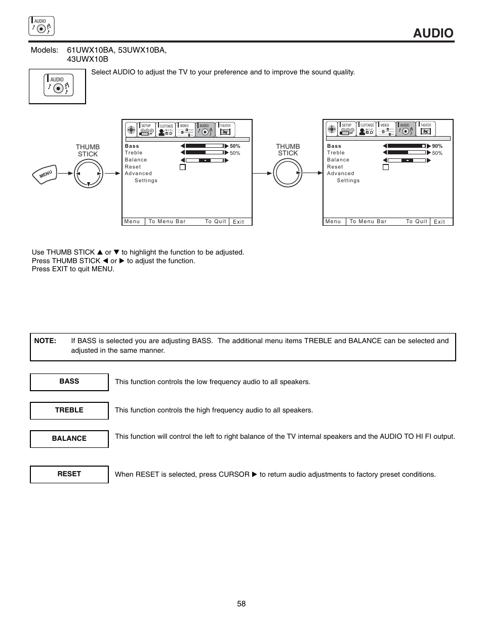 Audio | Hitachi 61SWX12B User Manual | Page 58 / 76
