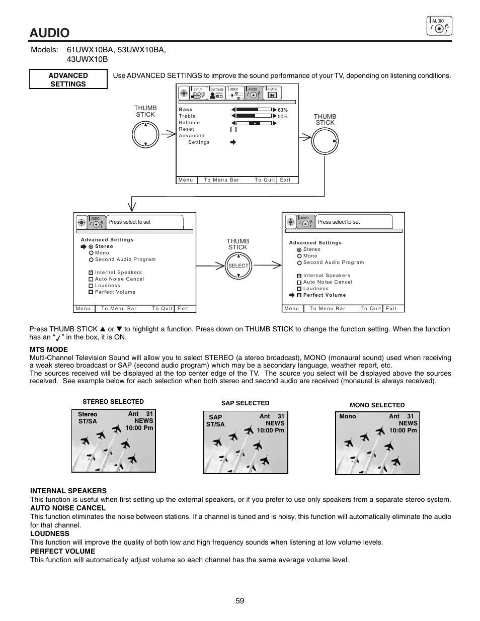 Audio | Hitachi 61SWX12B User Manual | Page 59 / 76