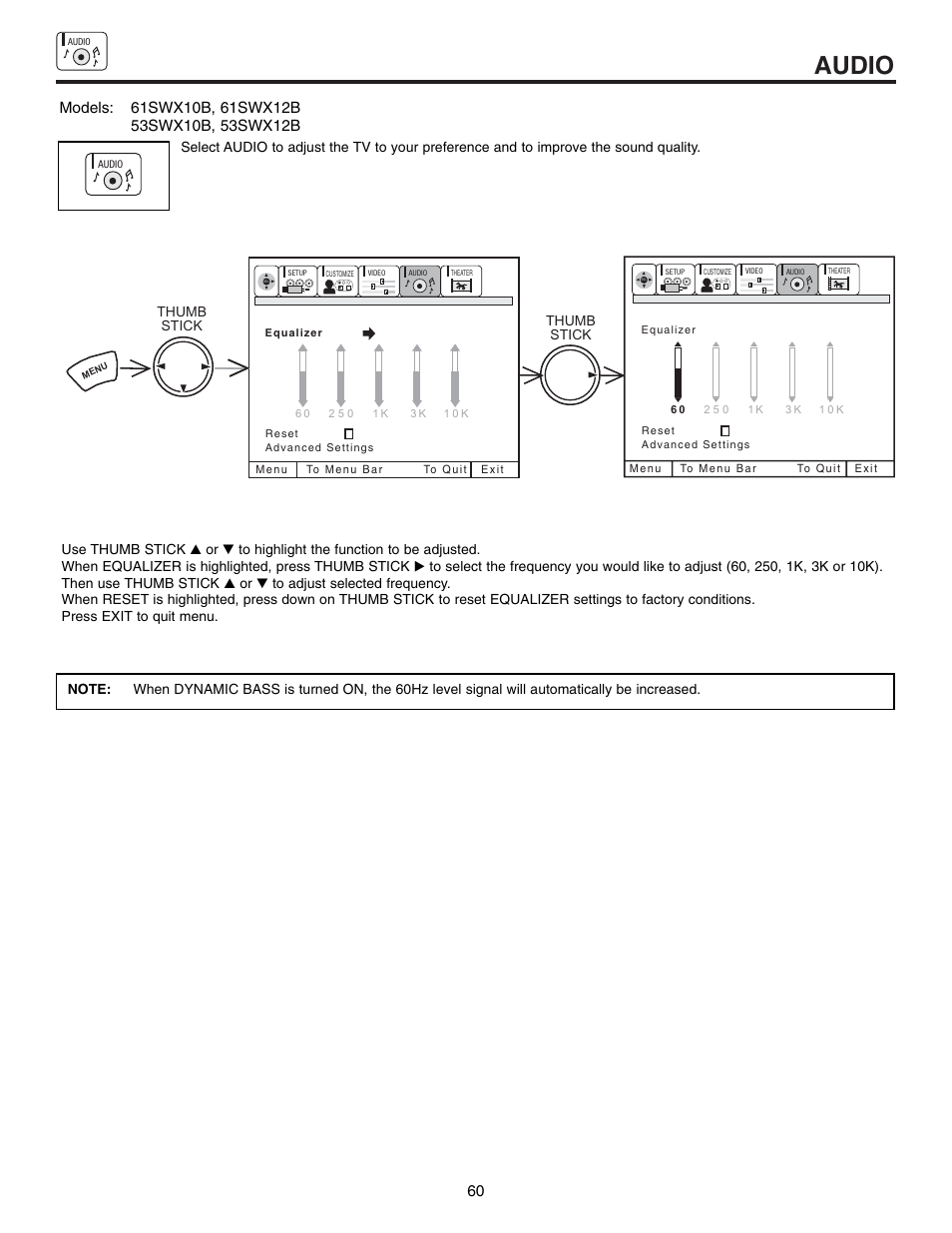 Audio, Thumb stick thumb stick | Hitachi 61SWX12B User Manual | Page 60 / 76