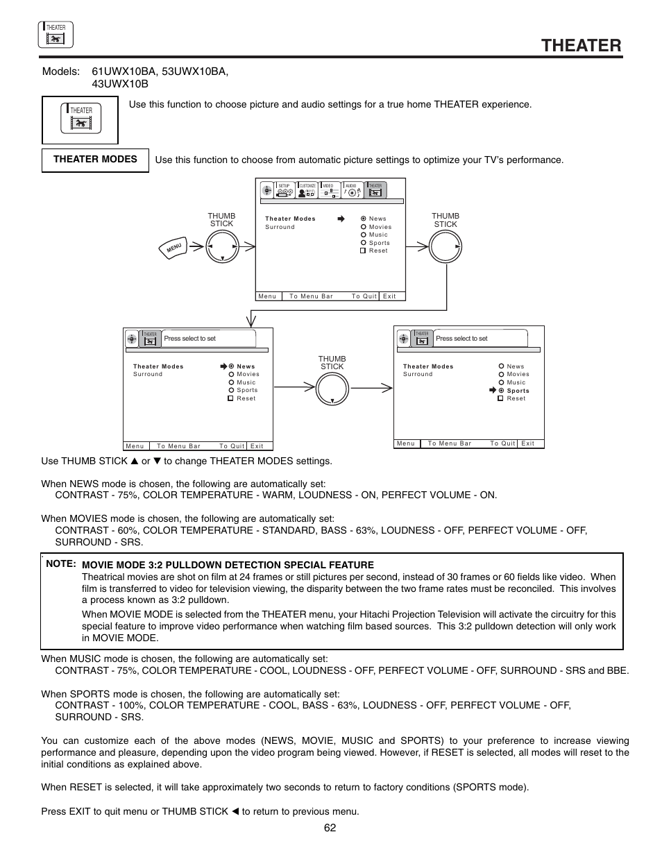Theater | Hitachi 61SWX12B User Manual | Page 62 / 76