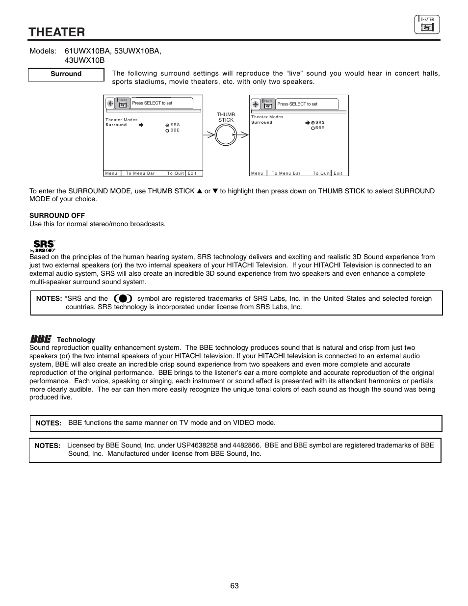 Theater | Hitachi 61SWX12B User Manual | Page 63 / 76