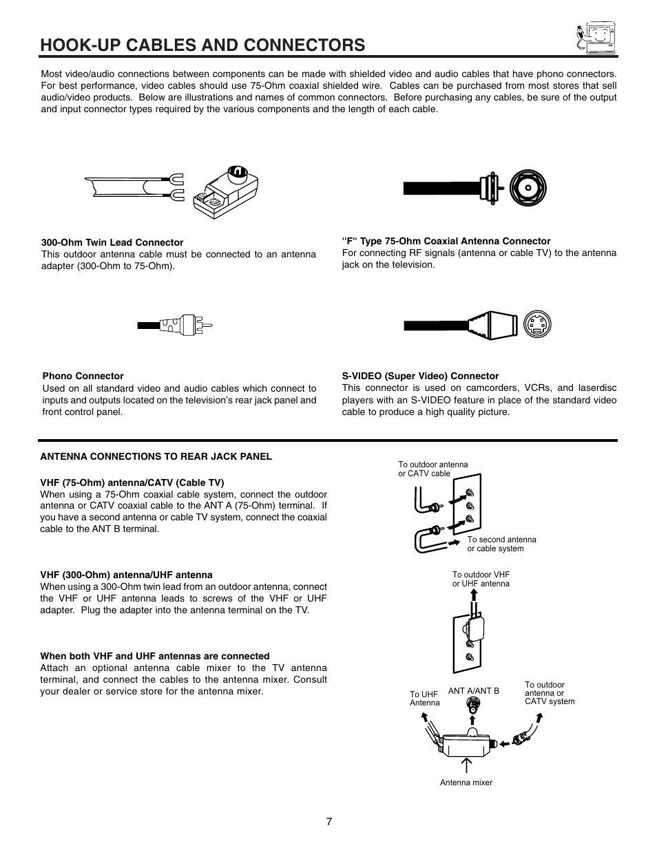Hook-up cables and connectors | Hitachi 61SWX12B User Manual | Page 7 / 76