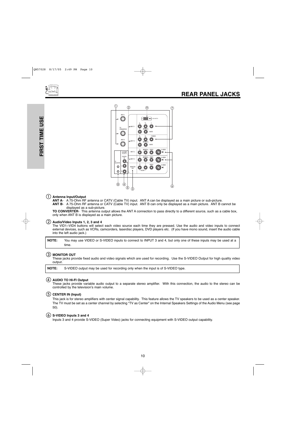 Rear panel jacks, First time use | Hitachi 50V500G User Manual | Page 10 / 84