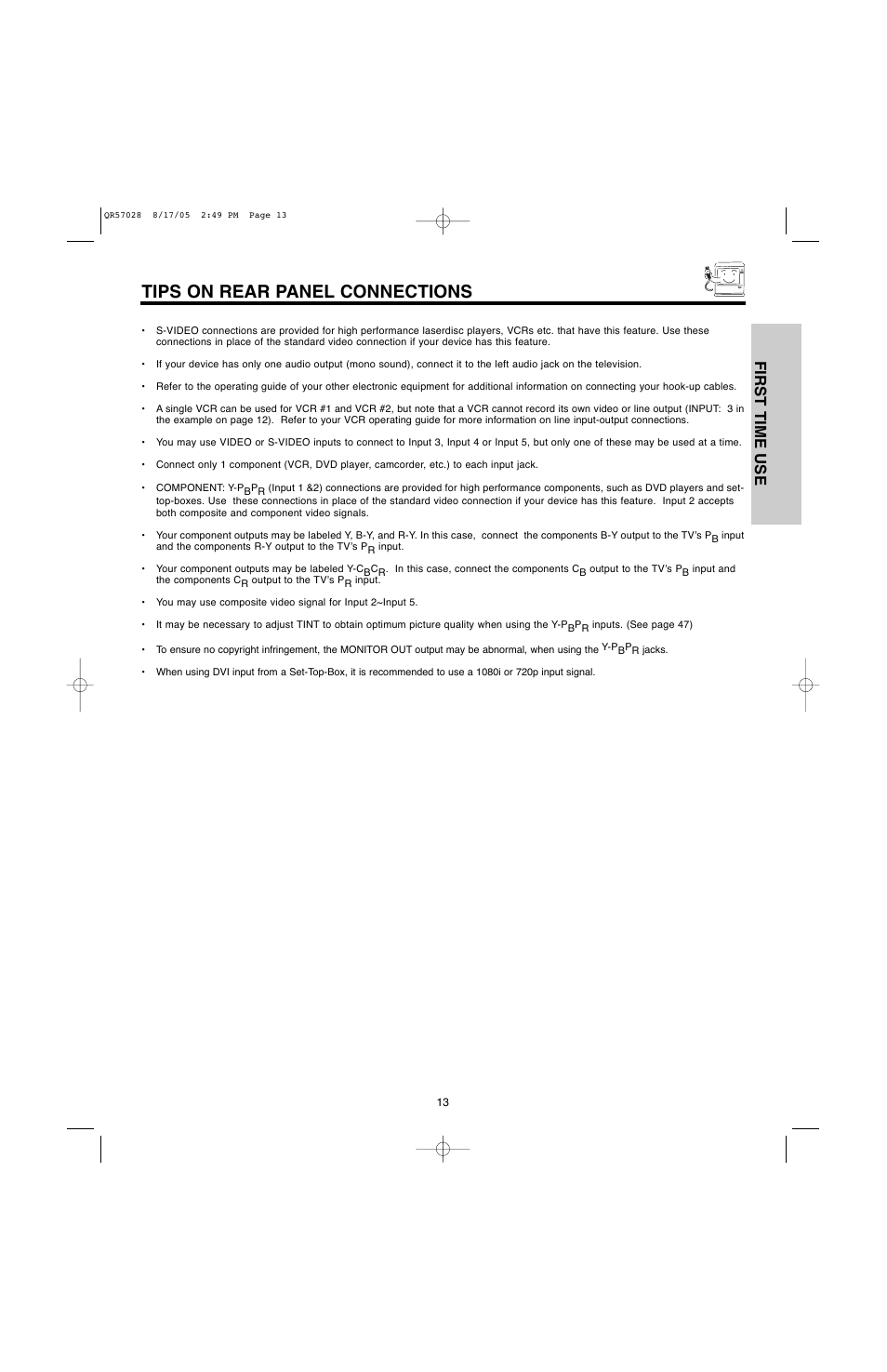 Tips on rear panel connections, First time use | Hitachi 50V500G User Manual | Page 13 / 84