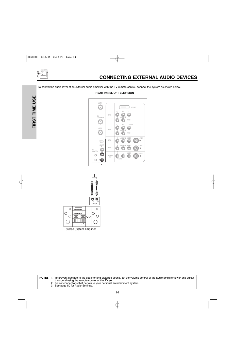 Connecting external audio devices, First time use, Stereo system amplifier | Hitachi 50V500G User Manual | Page 14 / 84