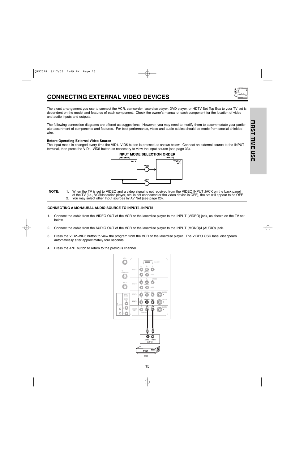 Connecting external video devices, First time use | Hitachi 50V500G User Manual | Page 15 / 84