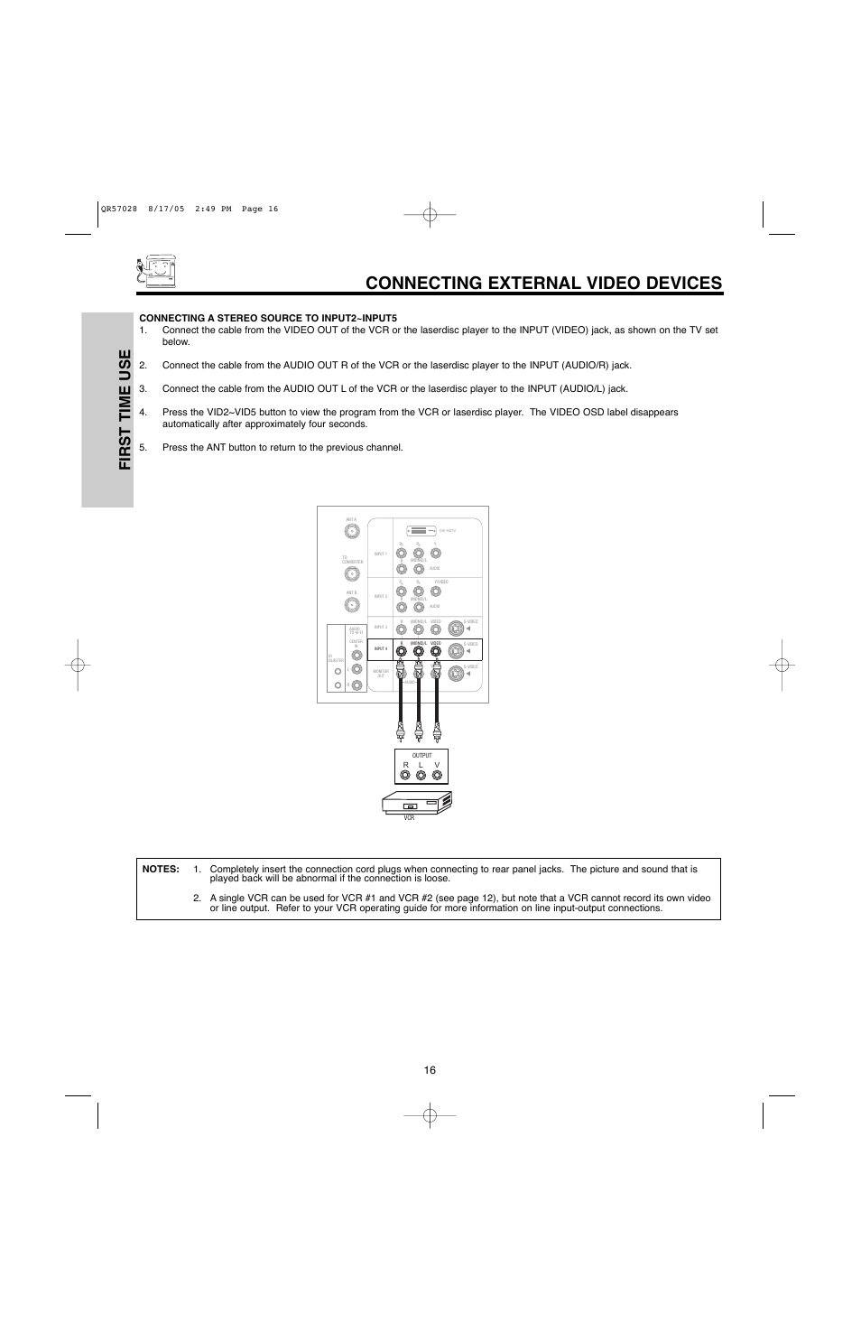 Connecting external video devices, First time use | Hitachi 50V500G User Manual | Page 16 / 84