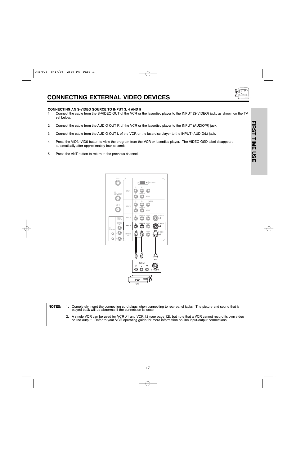 Connecting external video devices, First time use | Hitachi 50V500G User Manual | Page 17 / 84