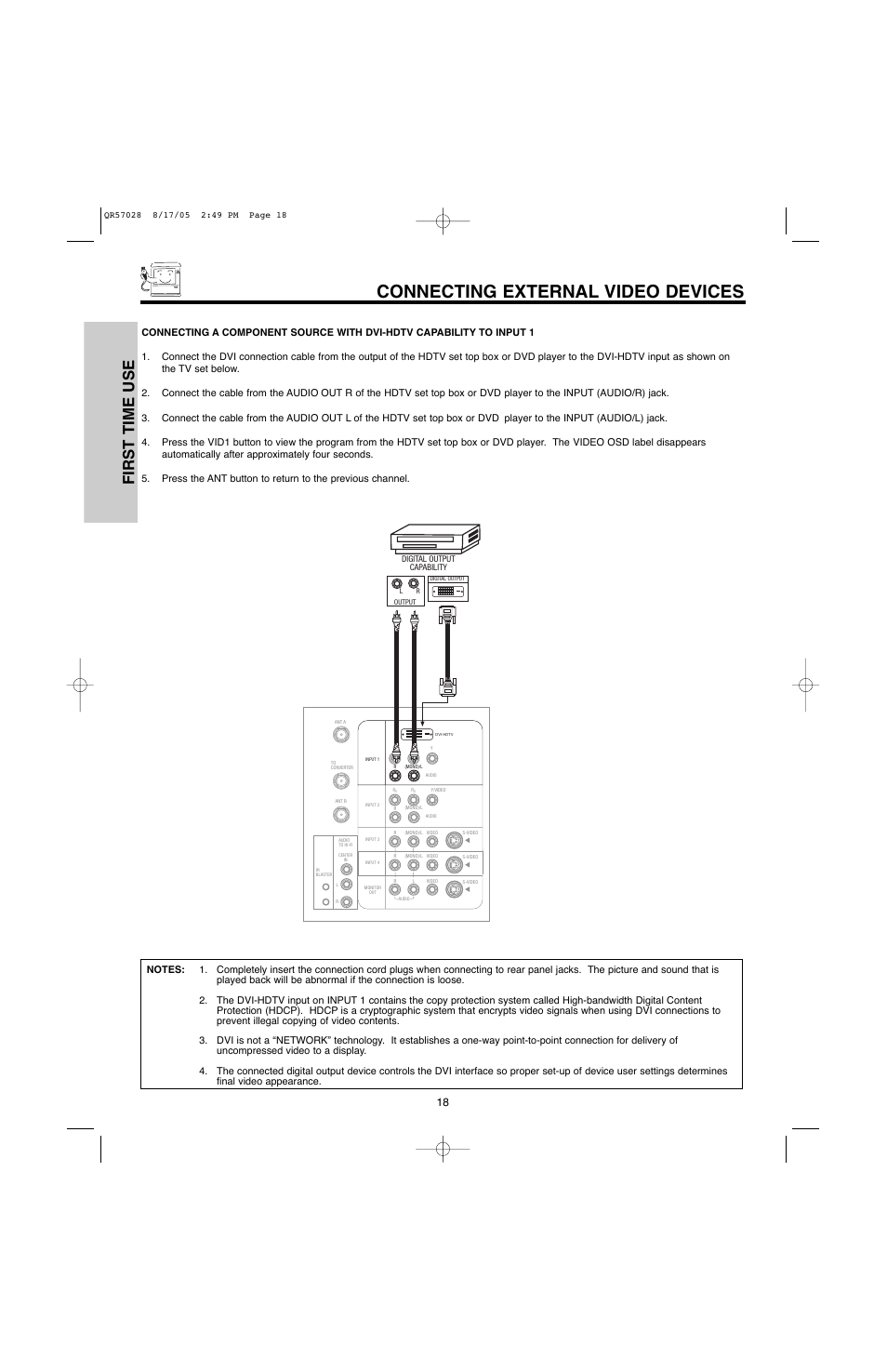 Connecting external video devices, First time use | Hitachi 50V500G User Manual | Page 18 / 84