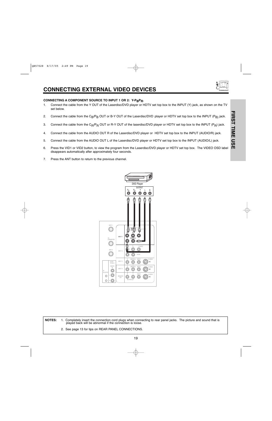 Connecting external video devices, First time use | Hitachi 50V500G User Manual | Page 19 / 84