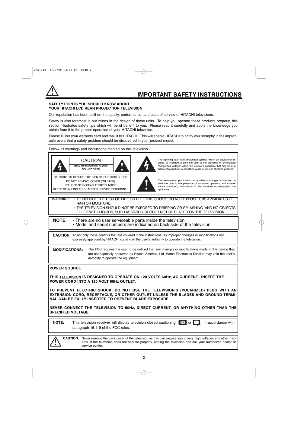 Important safety instructions | Hitachi 50V500G User Manual | Page 2 / 84