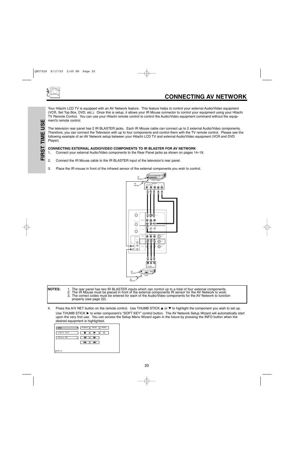 Connecting av network, First time use | Hitachi 50V500G User Manual | Page 20 / 84