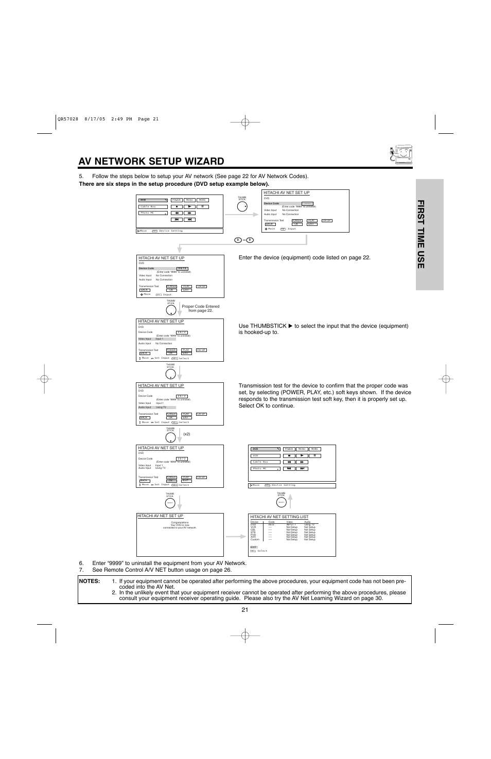 Av network setup wizard, First time use | Hitachi 50V500G User Manual | Page 21 / 84