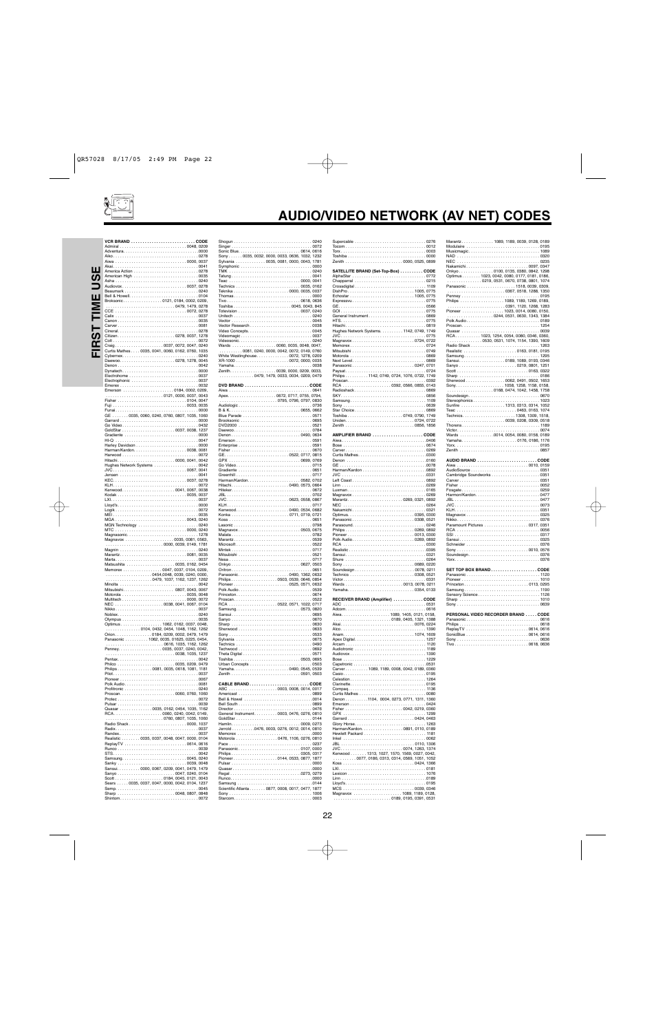 Audio/video network (av net) codes, First time use | Hitachi 50V500G User Manual | Page 22 / 84