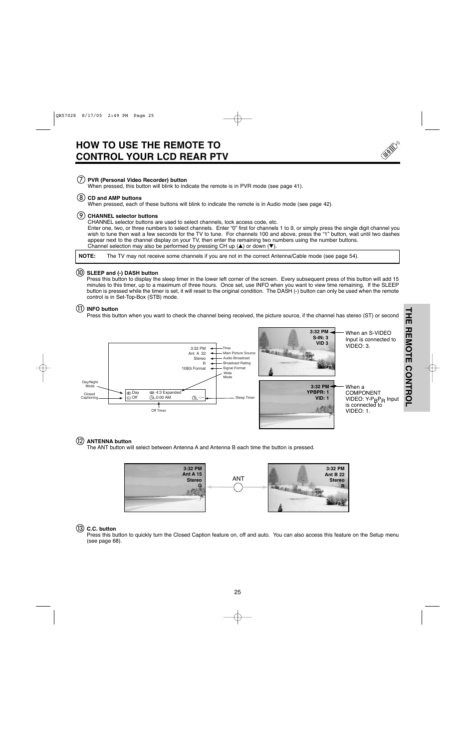 How to use the remote to control your lcd rear ptv, The remote control | Hitachi 50V500G User Manual | Page 25 / 84