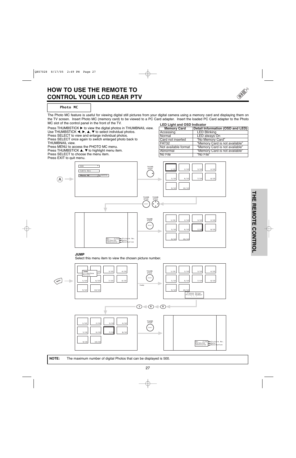 How to use the remote to control your lcd rear ptv, The remote control | Hitachi 50V500G User Manual | Page 27 / 84