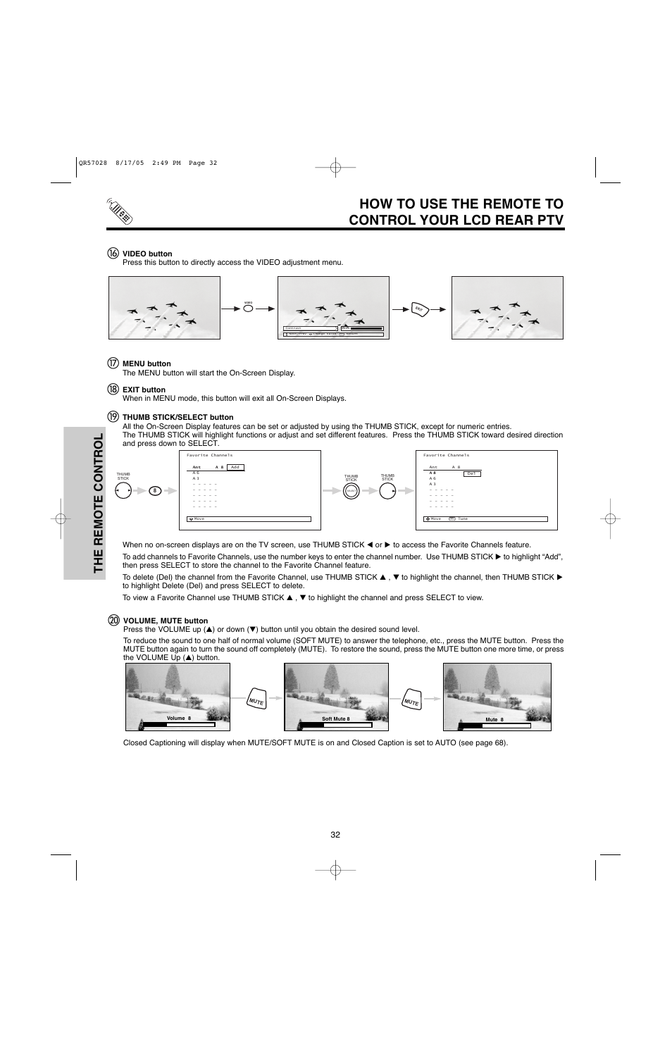 How to use the remote to control your lcd rear ptv, The remote control | Hitachi 50V500G User Manual | Page 32 / 84