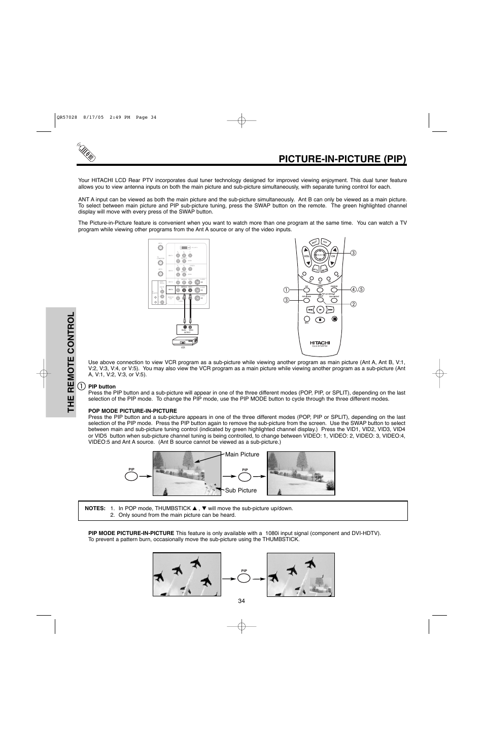 Picture-in-picture (pip), The remote control, Main picture sub picture | Hitachi 50V500G User Manual | Page 34 / 84