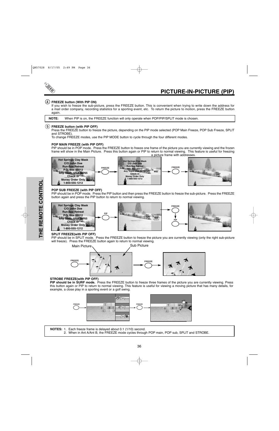 Picture-in-picture (pip), The remote control, Main picture sub picture | Hitachi 50V500G User Manual | Page 36 / 84