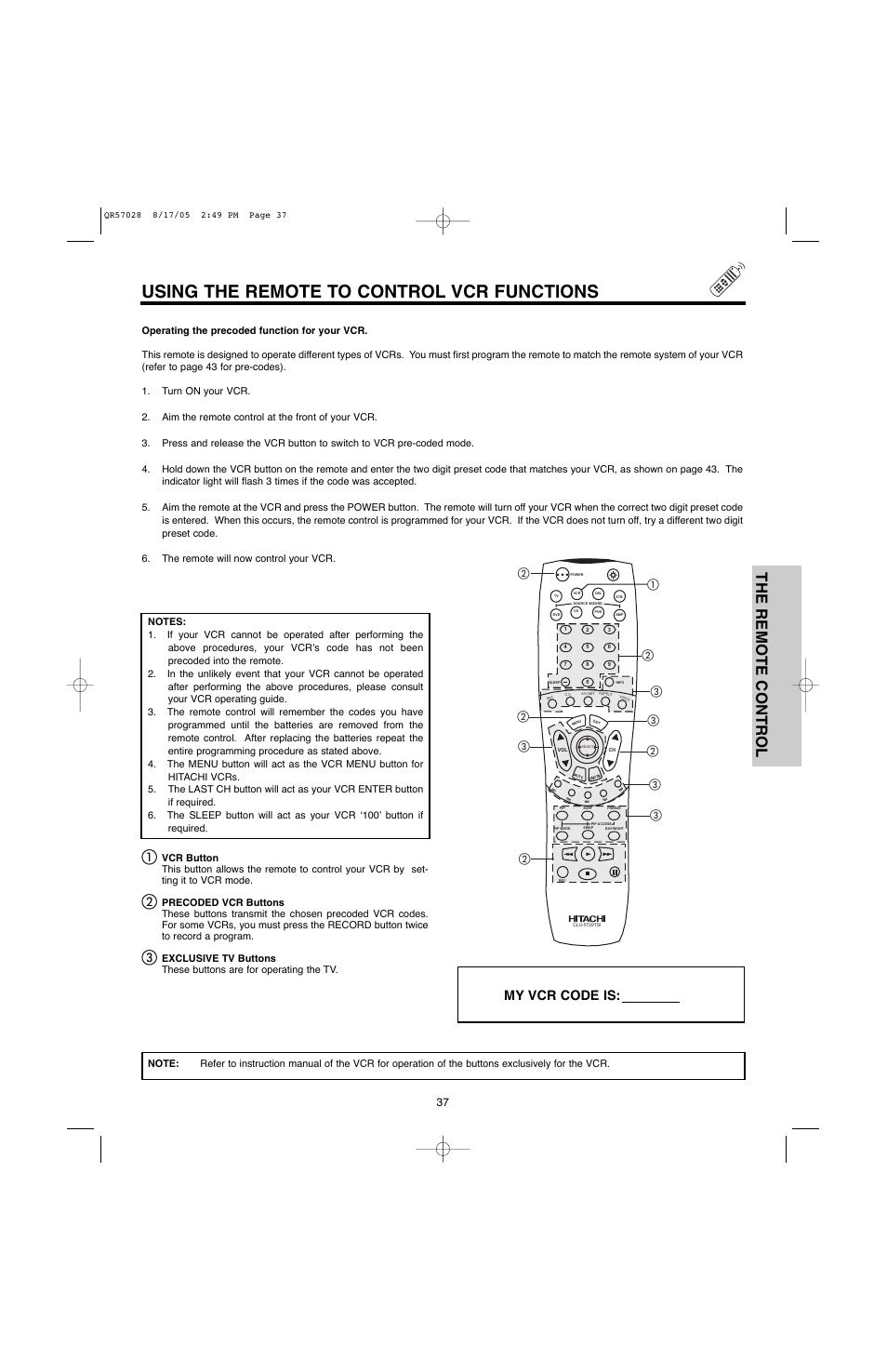 Using the remote to control vcr functions, The remote control, My vcr code is | Hitachi 50V500G User Manual | Page 37 / 84