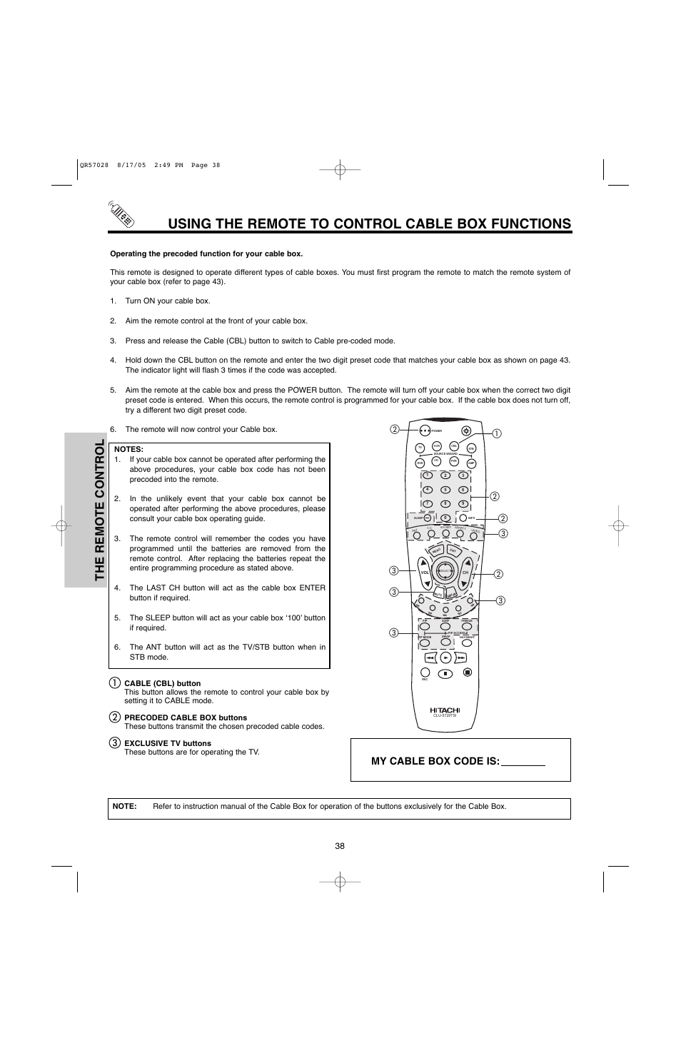 Using the remote to control cable box functions, The remote control, My cable box code is | Hitachi 50V500G User Manual | Page 38 / 84