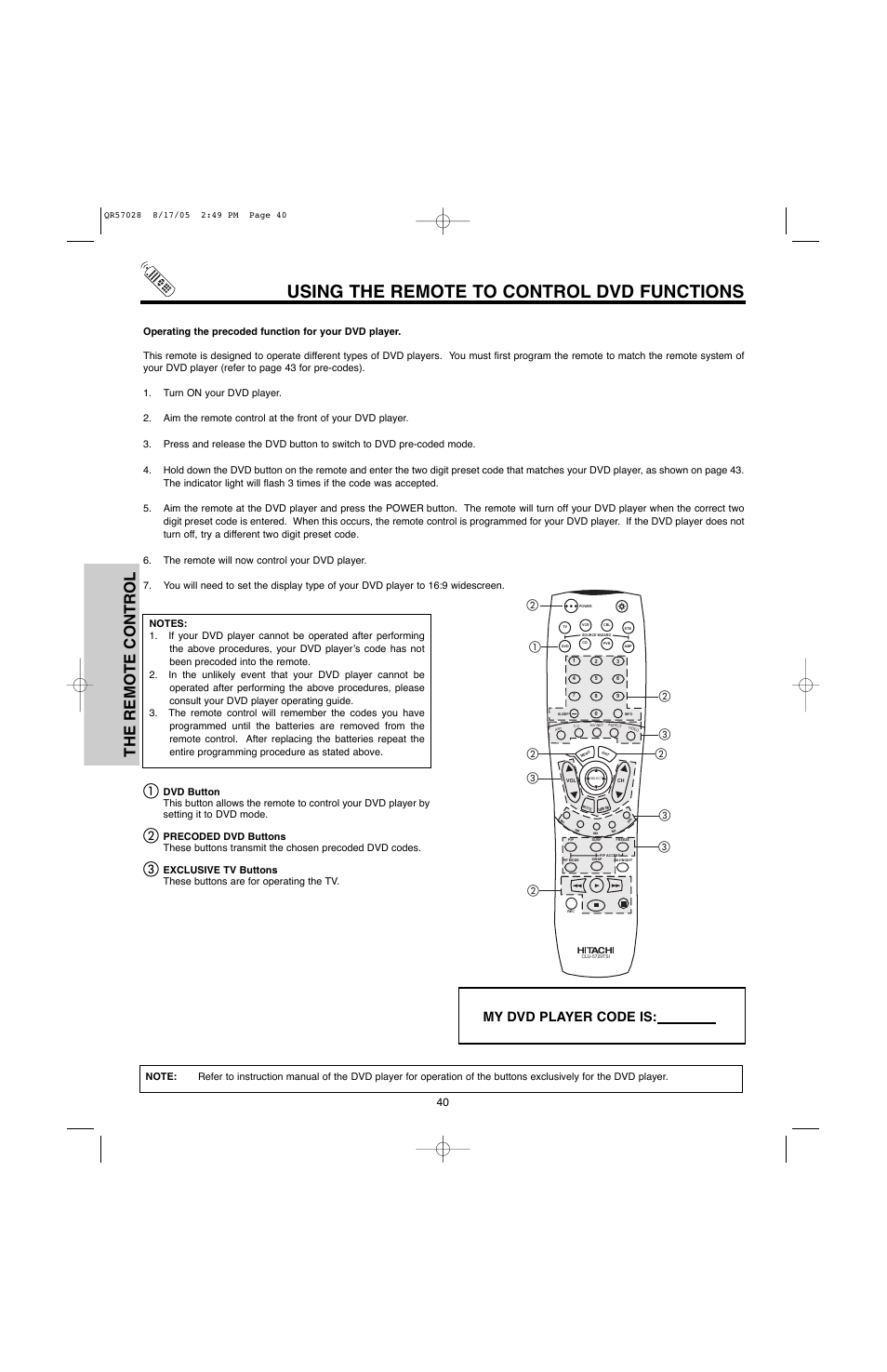 Using the remote to control dvd functions, The remote control, My dvd player code is | Hitachi 50V500G User Manual | Page 40 / 84