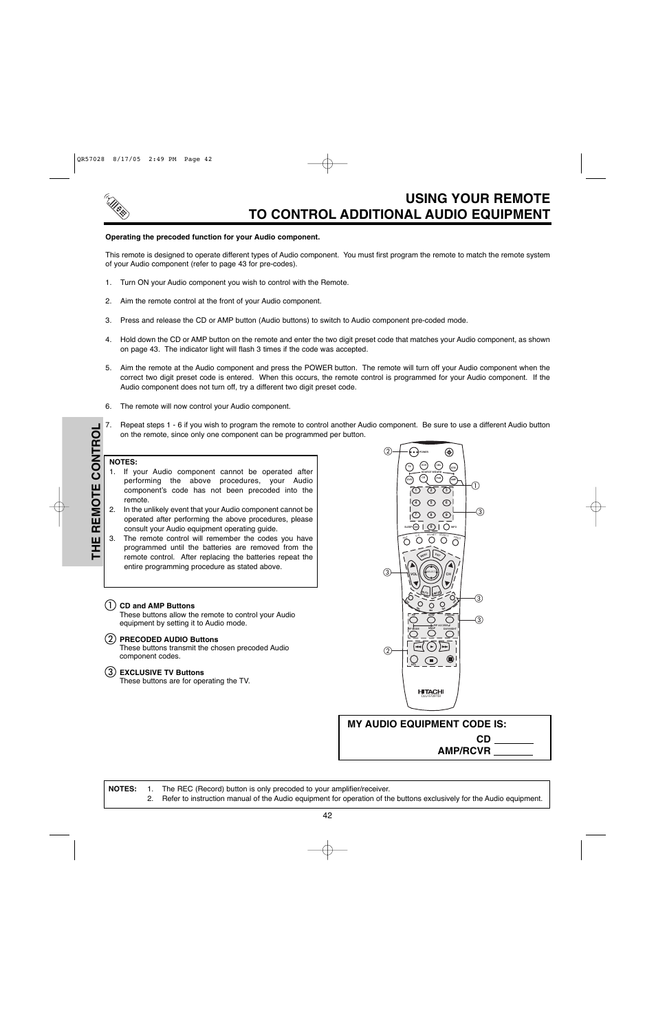 The remote control, My audio equipment code is, Cd amp/rcvr | Hitachi 50V500G User Manual | Page 42 / 84