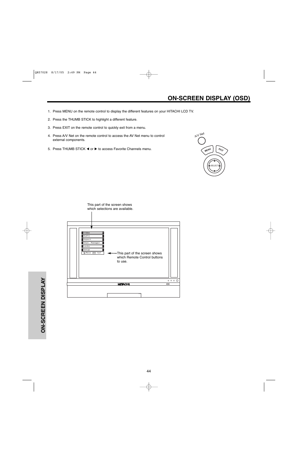 On-screen display (osd), On-screen displa y | Hitachi 50V500G User Manual | Page 44 / 84